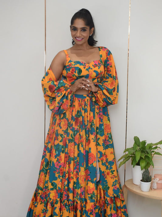 Yellow printed lehenga