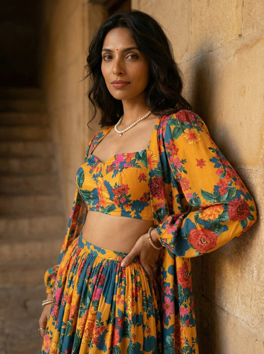 Yellow printed lehenga