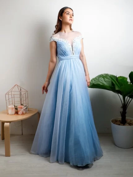 Pleated Ice Blue Chiffon Plunging Neck Prom Dress - Promfy