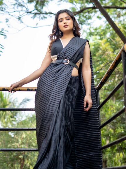 Buy KALKI FASHION Grey & Silver Ombre Ready Pleated Saree with Stitched  Blouse (Set of 2) online