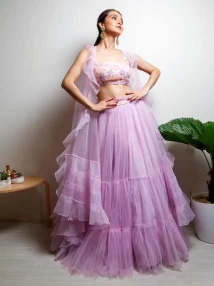 Ruffle Organza Lehenga Set-Salmon Pink Embroidered Ruffle Choli And Organza  Tiered Skirt Set.