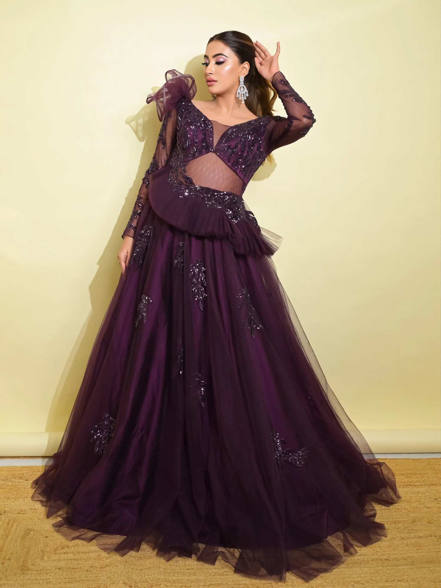 Purple Tulle Long Princess Dress, Cute Short Sleeve Formal Evening Dre