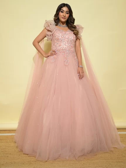 Peach Pink Glitter Evening Dress with Corset Bodice Y6173 – Simplepromdress